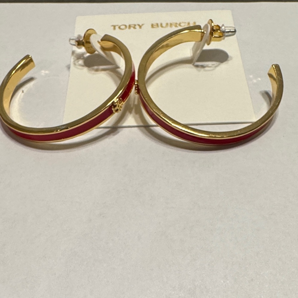 NEW-Tory Burch Red and Gold Open Hoop Earrings